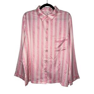 Victoria’s Secret Women’s Large Satin Pajama Top Pink Stripe Button Up Shirt